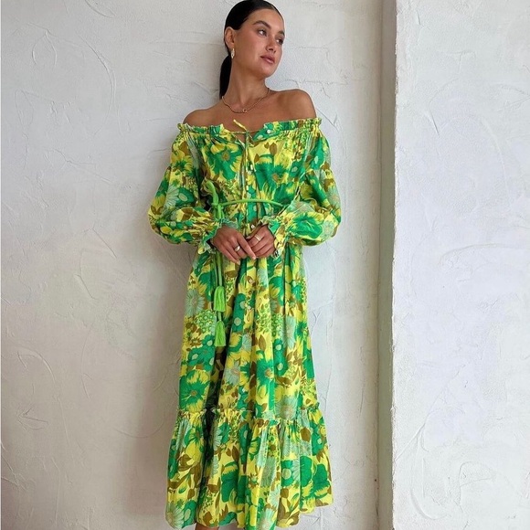 Alemais Women's Green Alemais Wrenly Floral Off-shoulder Midi Dress